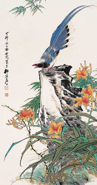 田世光 丁卯（1987）年作 花鸟 立轴 94.5×49.5cm